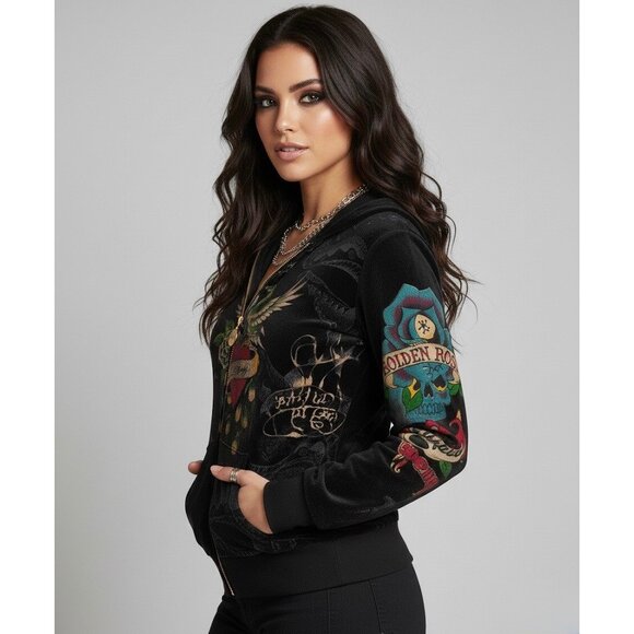 Vtg Y2K Ed Hardy Black Velour Zip Up Skull Tattoo Hoodie McBling Jacket Womens S - Picture 3 of 11